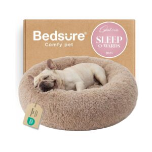 Bedsure Calming Dog Bed Medium Size Dog - Donut Washable Medium Pet Bed, 30 inches Anti-Slip Round Fluffy Plush Faux Fur Cat Bed, Fits up to 45 lbs Pets, Camel