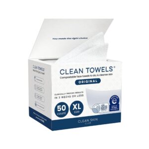 Clean Skin Club Clean Towels XL®, 100% USDA Biobased Face Towel, Disposable Face Towelette, Eczema Association Accepted, Makeup Remover Dry Wipes, Ultra Soft, 1 Pack, 50 Ct