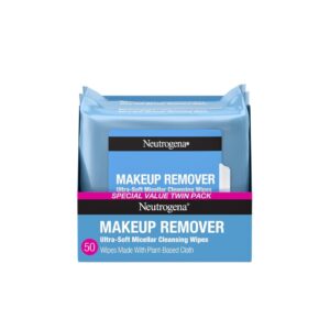 Neutrogena Makeup Remover Wipes Micellar Alcohol-Free Face Towelettes Remove Waterproof Mascara & Oil, Compostable 100% Plant-Based Cloth, Dermatologist & Ophthalmologist Tested, Twin Pack 2 x 25 ct