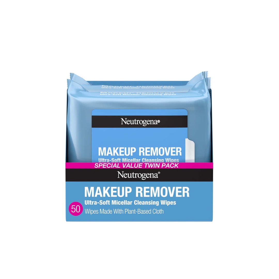 Neutrogena Makeup Remover Wipes Micellar Alcohol-Free Face Towelettes Remove Waterproof Mascara & Oil, Compostable 100% Plant-Based Cloth, Dermatologist & Ophthalmologist Tested, Twin Pack 2 x 25 ct