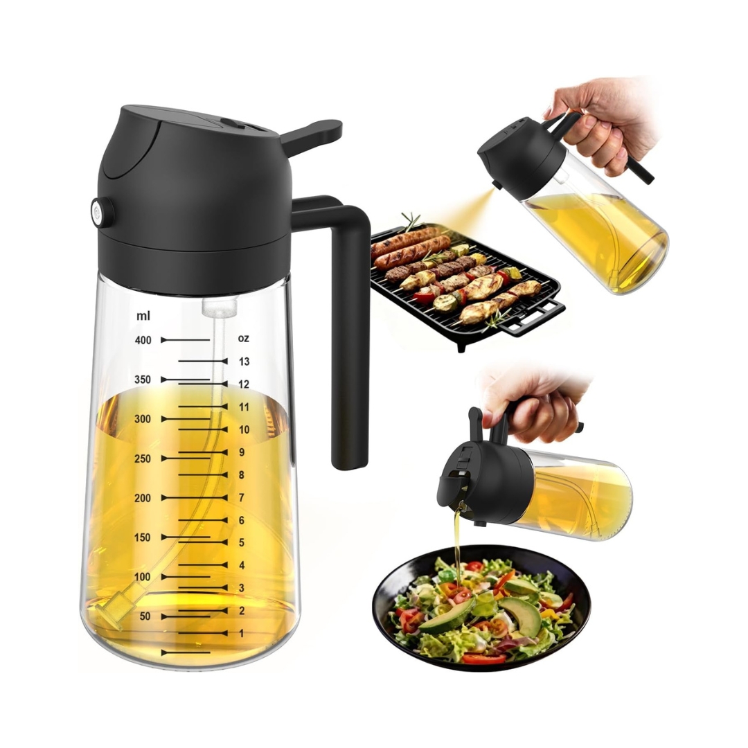 TrendPlain 16oz/470ml Glass Olive Oil Sprayer for Cooking – 2 in 1 Olive Oil Dispenser Bottle for Kitchen Gadgets and Air Fryer Accessories, Salad, BBQ - Black